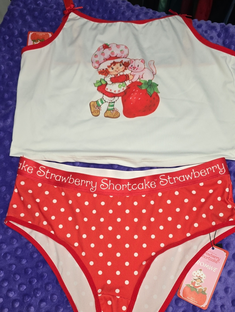 ROMWE White & Red Strawberry Shortcake Tank Top and Polka Dot Briefs Set